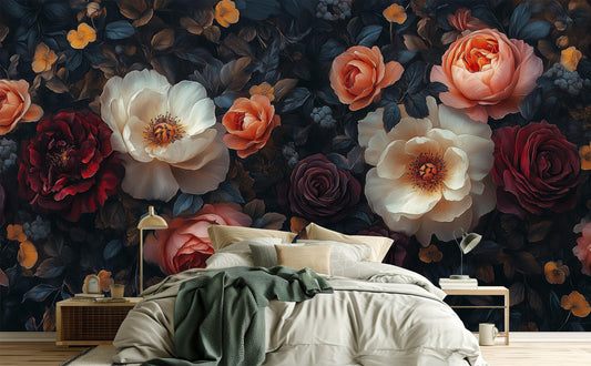 Dark Vintage Floral Dramatic Floral Wallpaper – detail view, Golden Era Walls