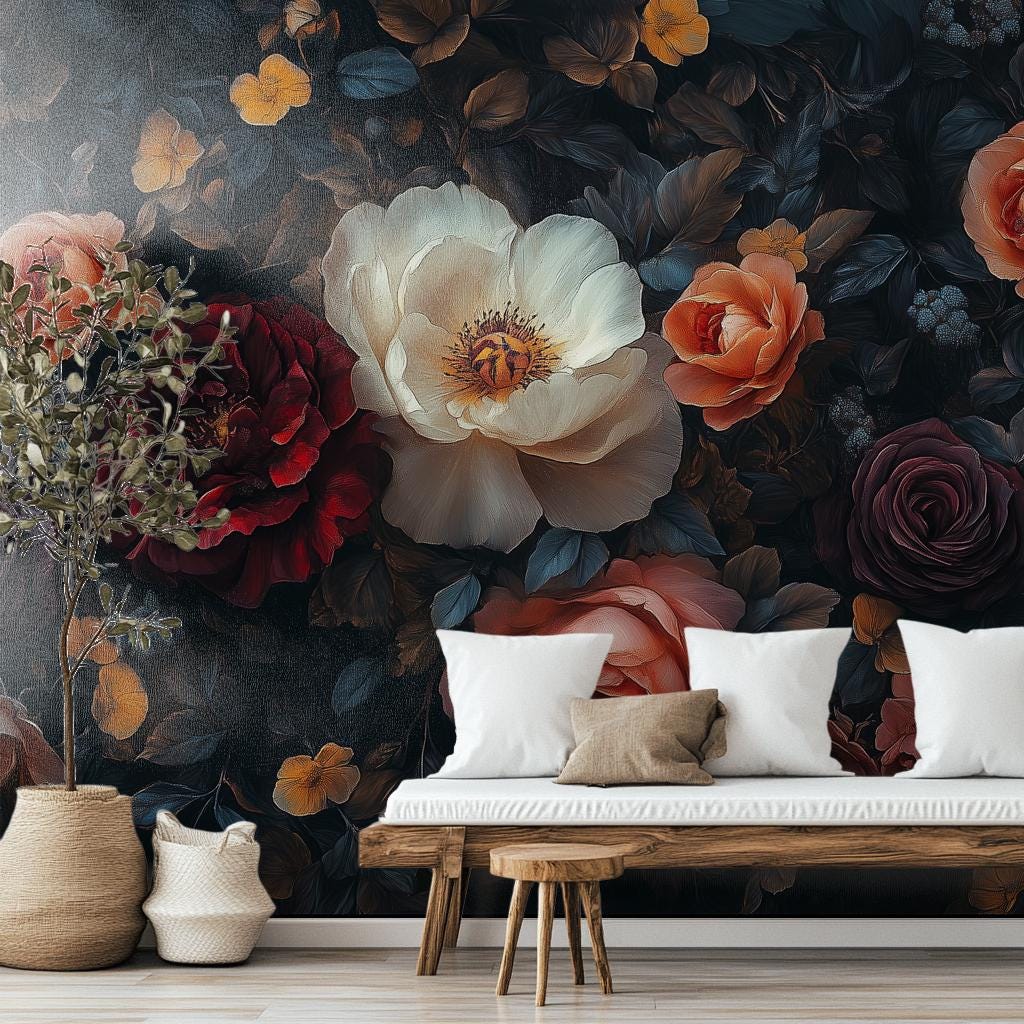 Dark Vintage Floral Dramatic Floral Wallpaper – room setting, Golden Era Walls
