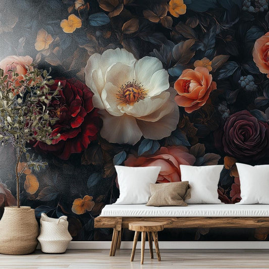 Dark Vintage Floral Dramatic Floral Wallpaper – room setting, Golden Era Walls