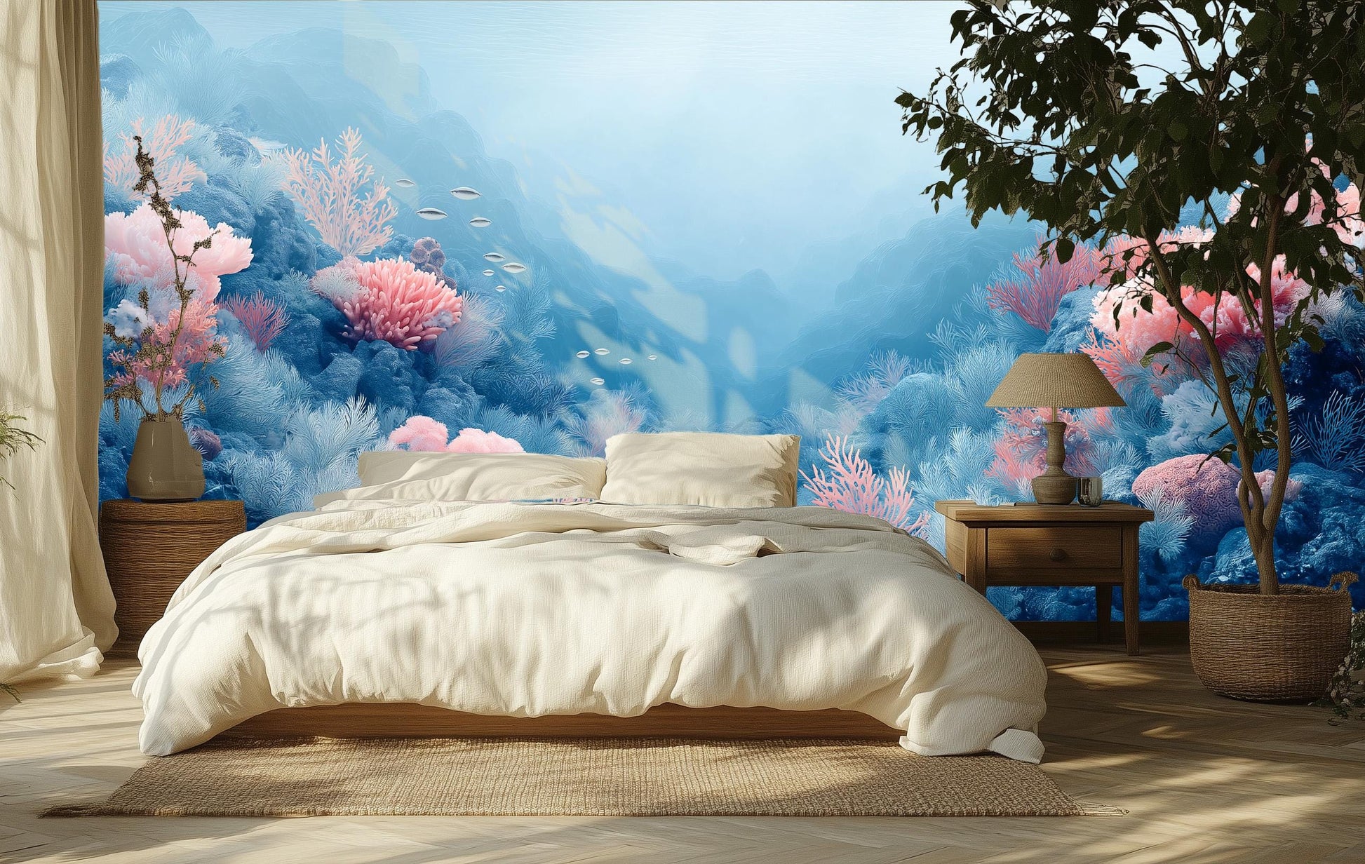 Dreamy Blue Pink Coral Coastal Wallpaper – scale reference, Golden Era Walls