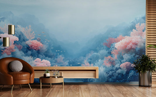 Dreamy Blue Pink Coral Coastal Wallpaper – detail view, Golden Era Walls