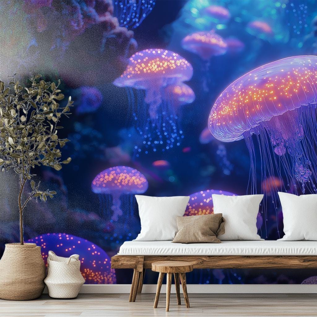 Deep Sea Jellyfish Glow Coastal Wallpaper – room setting, Golden Era Walls