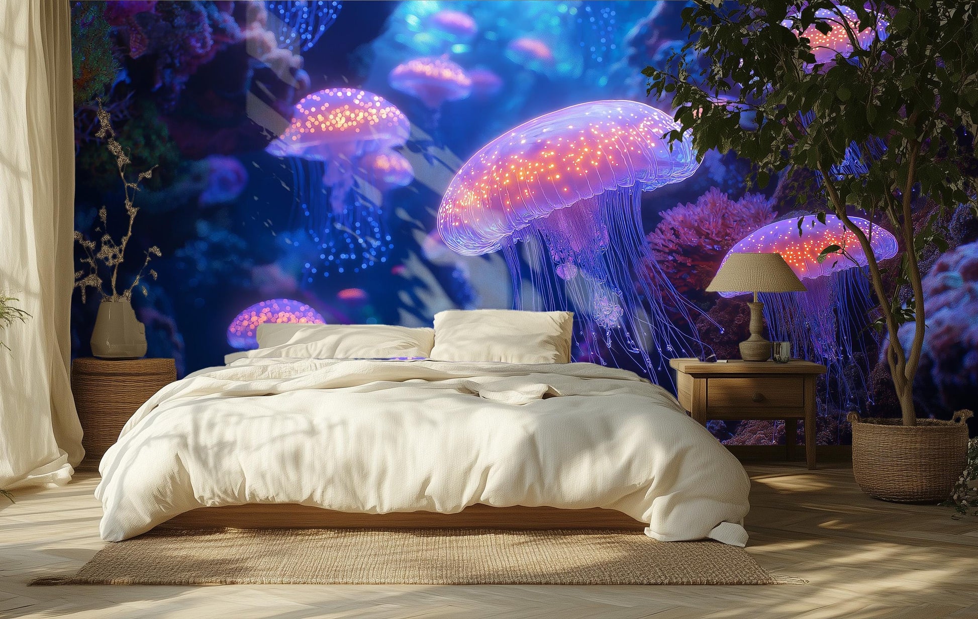 Deep Sea Jellyfish Glow Coastal Wallpaper – lifestyle view, Golden Era Walls