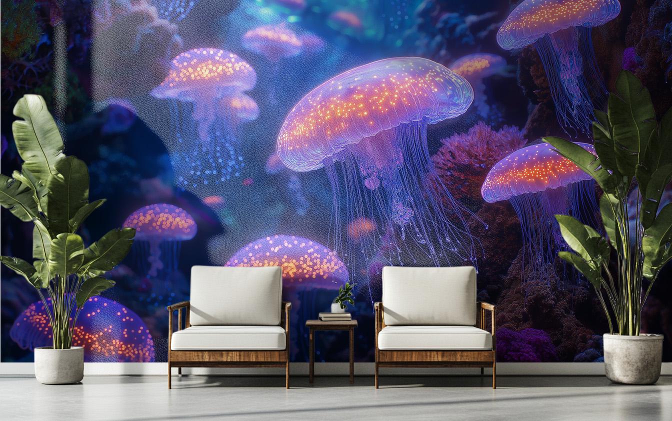 Deep Sea Jellyfish Glow Coastal Wallpaper – peel and stick wallpaper mural, Golden Era Walls