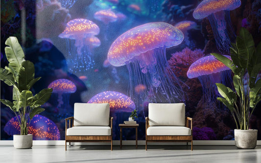 Deep Sea Jellyfish Glow Coastal Wallpaper – peel and stick wallpaper mural, Golden Era Walls