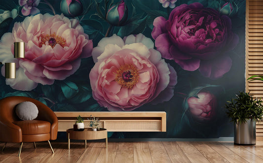 Dark Floral Peony Luxury Floral Wallpaper – peel and stick wallpaper mural, Golden Era Walls