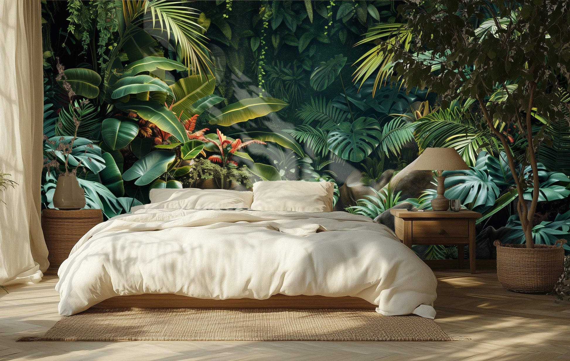 Custom Tropical Dark Green Floral Wallpaper – scale reference, Golden Era Walls