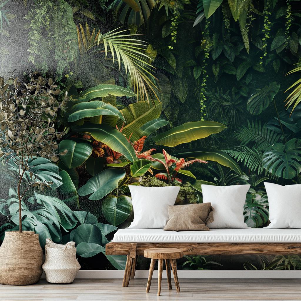Custom Tropical Dark Green Floral Wallpaper – room setting, Golden Era Walls