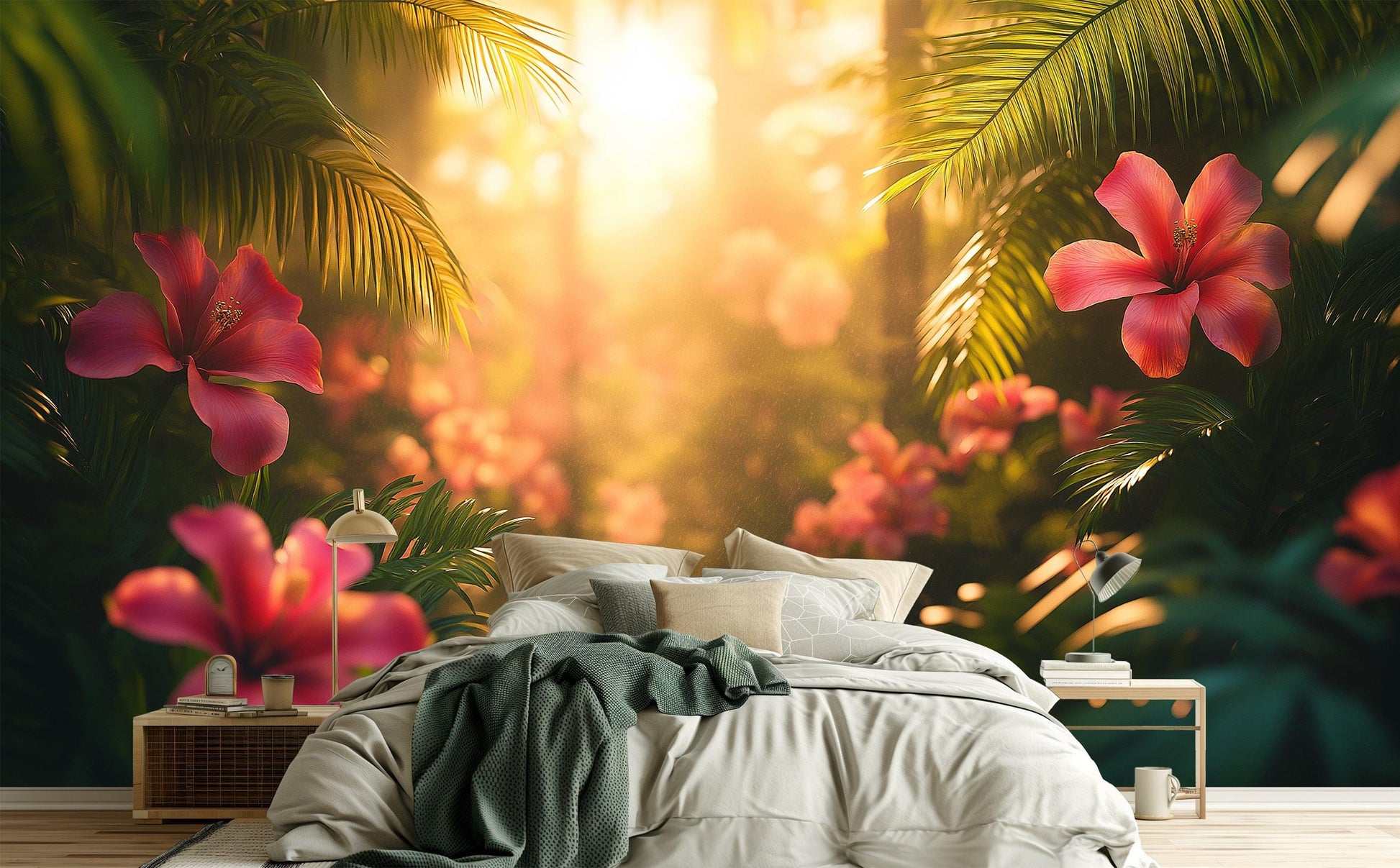 Cinematic Tropical Jungle Vibrant Floral Wallpaper – room setting, Golden Era Walls