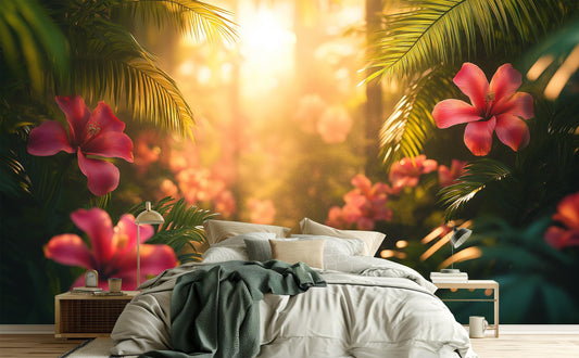 Cinematic Tropical Jungle Vibrant Floral Wallpaper – room setting, Golden Era Walls