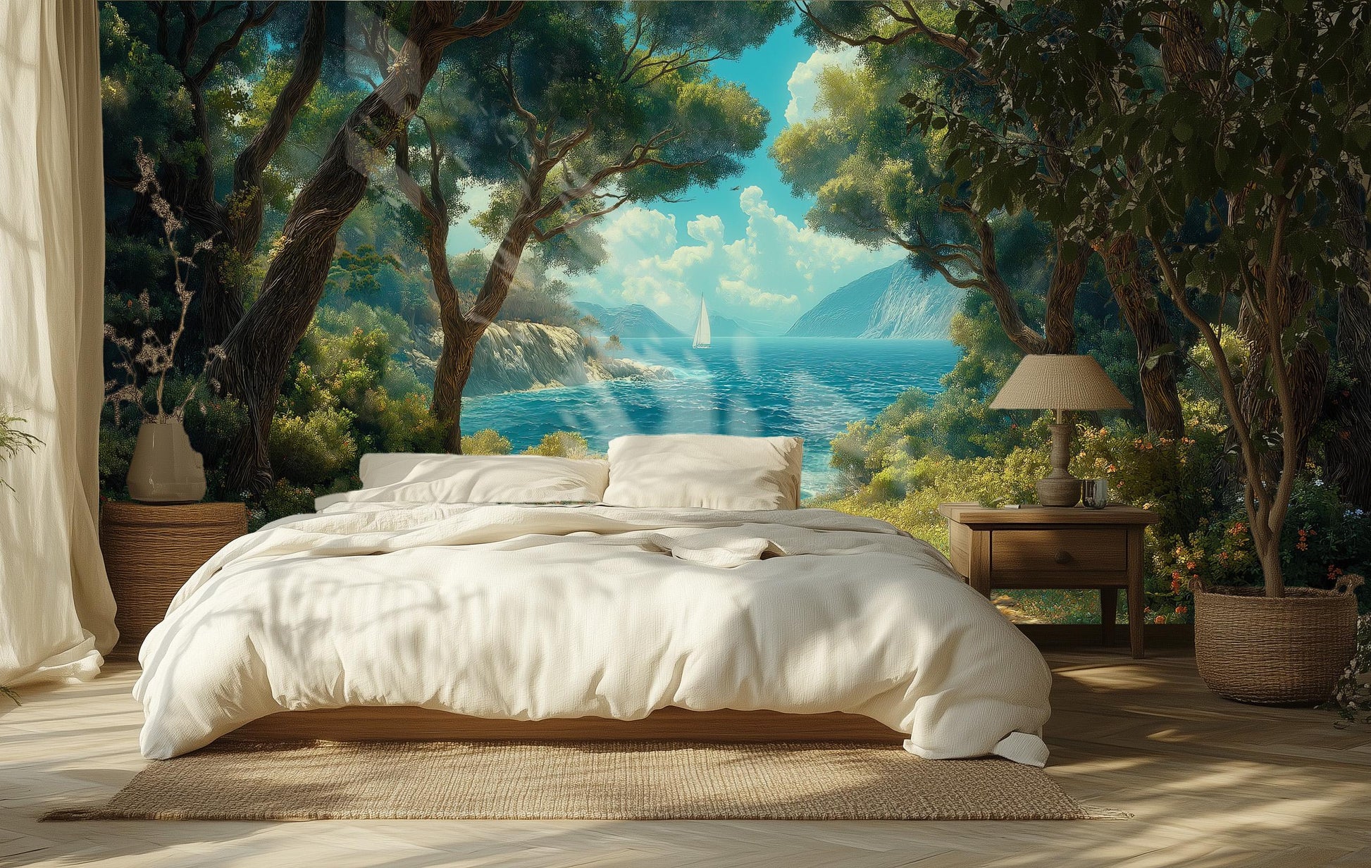 Coastal Forest Mediterranean Ocean Tropical Wallpaper – lifestyle view, Golden Era Walls