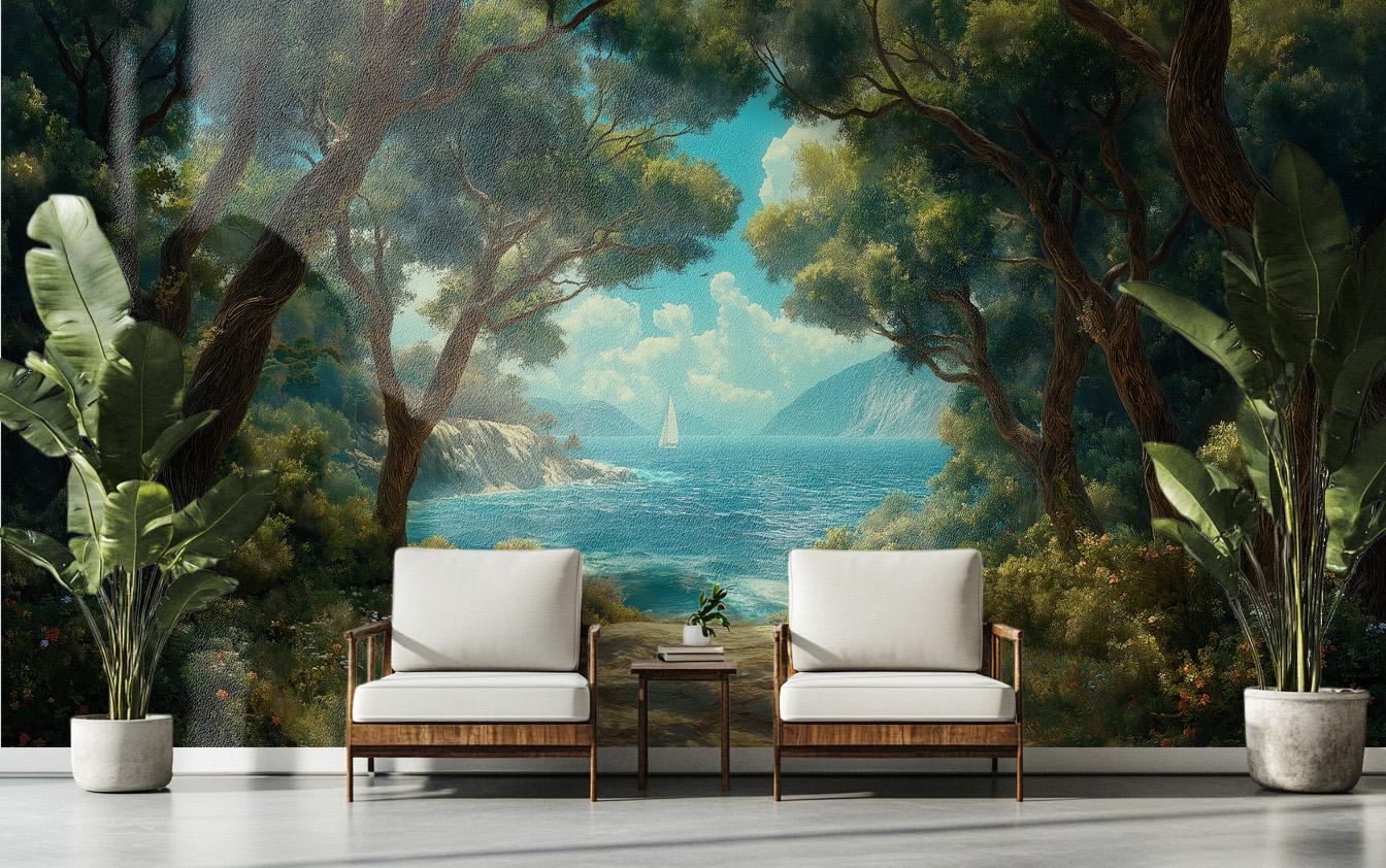 Coastal Forest Mediterranean Ocean Tropical Wallpaper – scale reference, Golden Era Walls