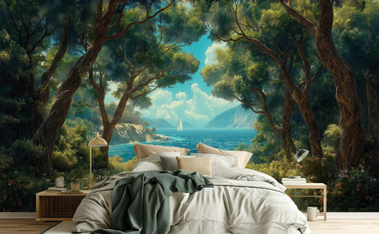 Coastal Forest Mediterranean Ocean Tropical Wallpaper – peel and stick wallpaper mural, Golden Era Walls