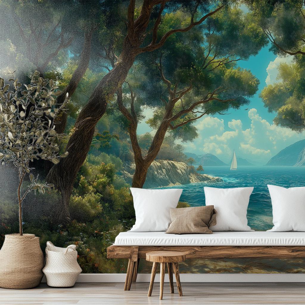 Coastal Forest Mediterranean Ocean Tropical Wallpaper – room setting, Golden Era Walls