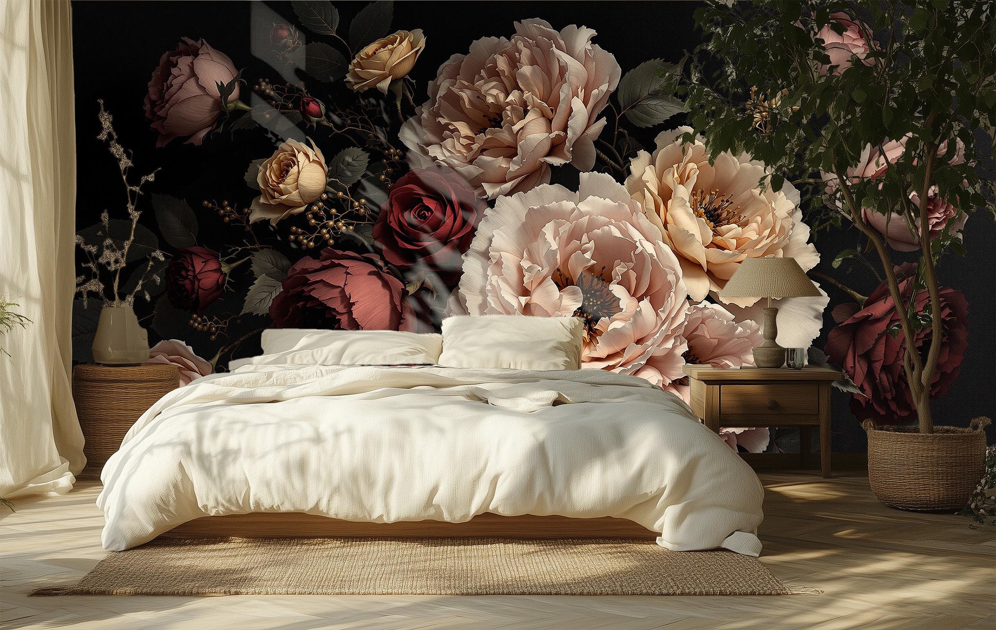 Chic Peony Flower Floral Floral Wallpaper – peel and stick wallpaper mural, Golden Era Walls