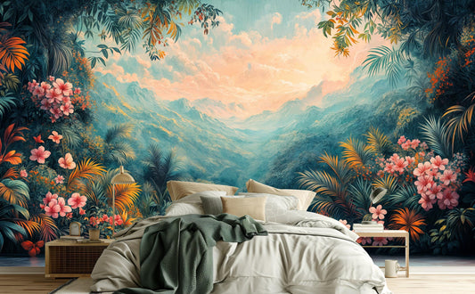 Botanical Jungle View Lush Floral Wallpaper – peel and stick wallpaper mural, Golden Era Walls
