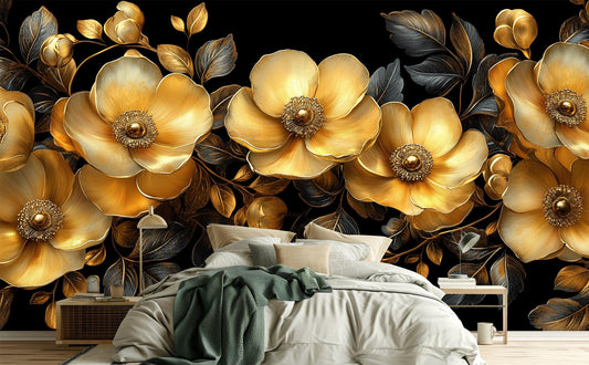 Baroque Gold Floral Opulent Floral Wallpaper – peel and stick wallpaper mural, Golden Era Walls