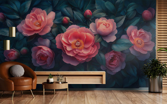 Dark Floral Peony Renter Floral Wallpaper – detail view, Golden Era Walls
