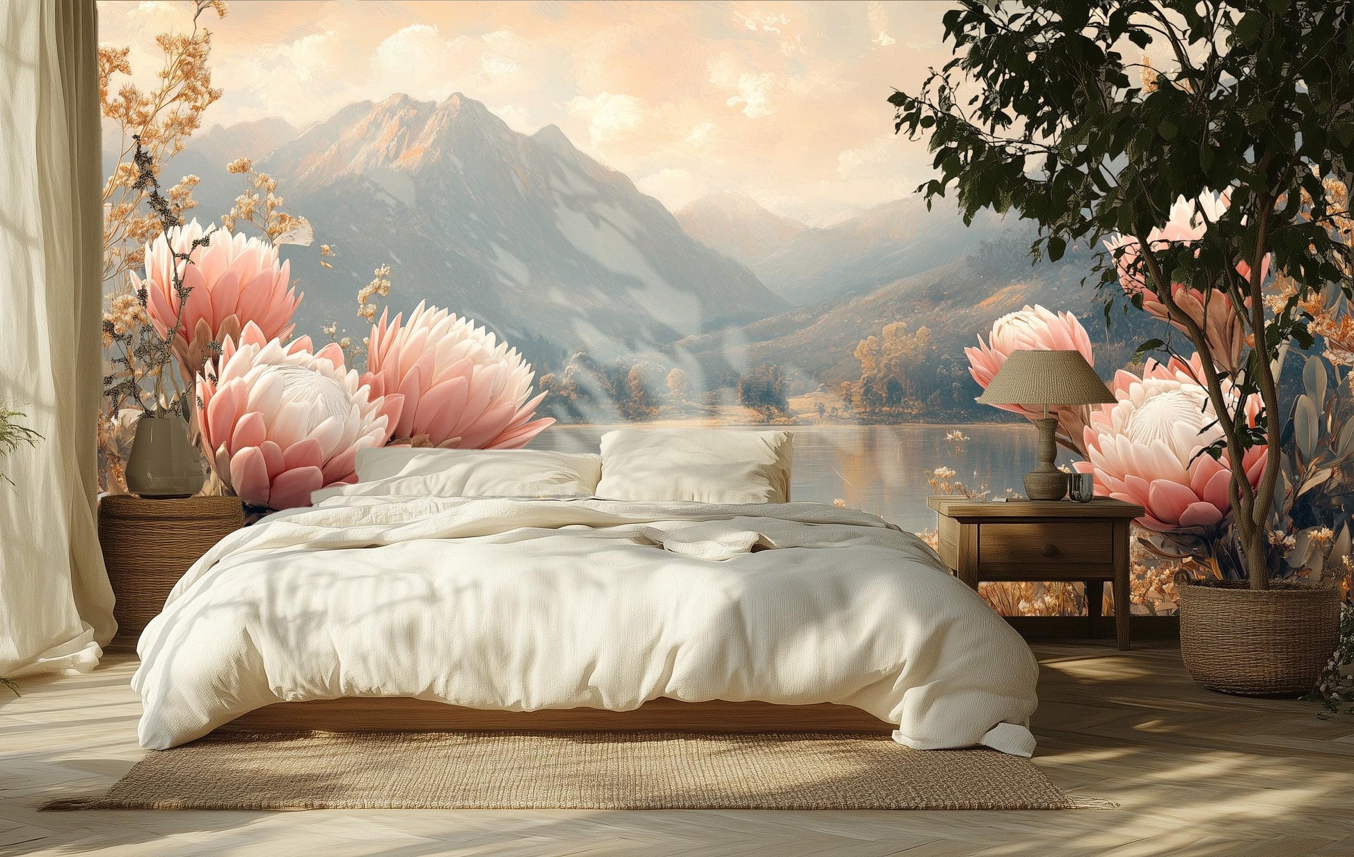 Botanical Landscape Hand Painted Floral Wallpaper – lifestyle view, Golden Era Walls