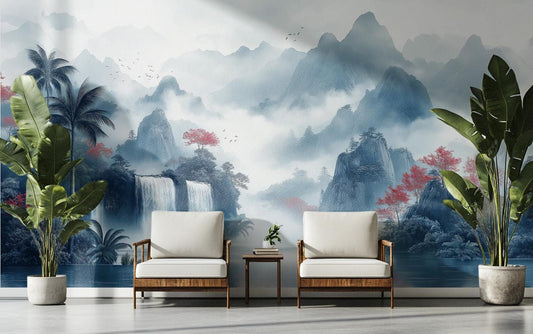 Chinoiserie Landscape Misty Mountains Floral Wallpaper – room setting, Golden Era Walls