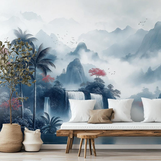 Chinoiserie Landscape Misty Mountains Floral Wallpaper – lifestyle view, Golden Era Walls