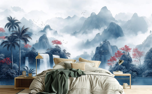 Chinoiserie Landscape Misty Mountains Floral Wallpaper – detail view, Golden Era Walls