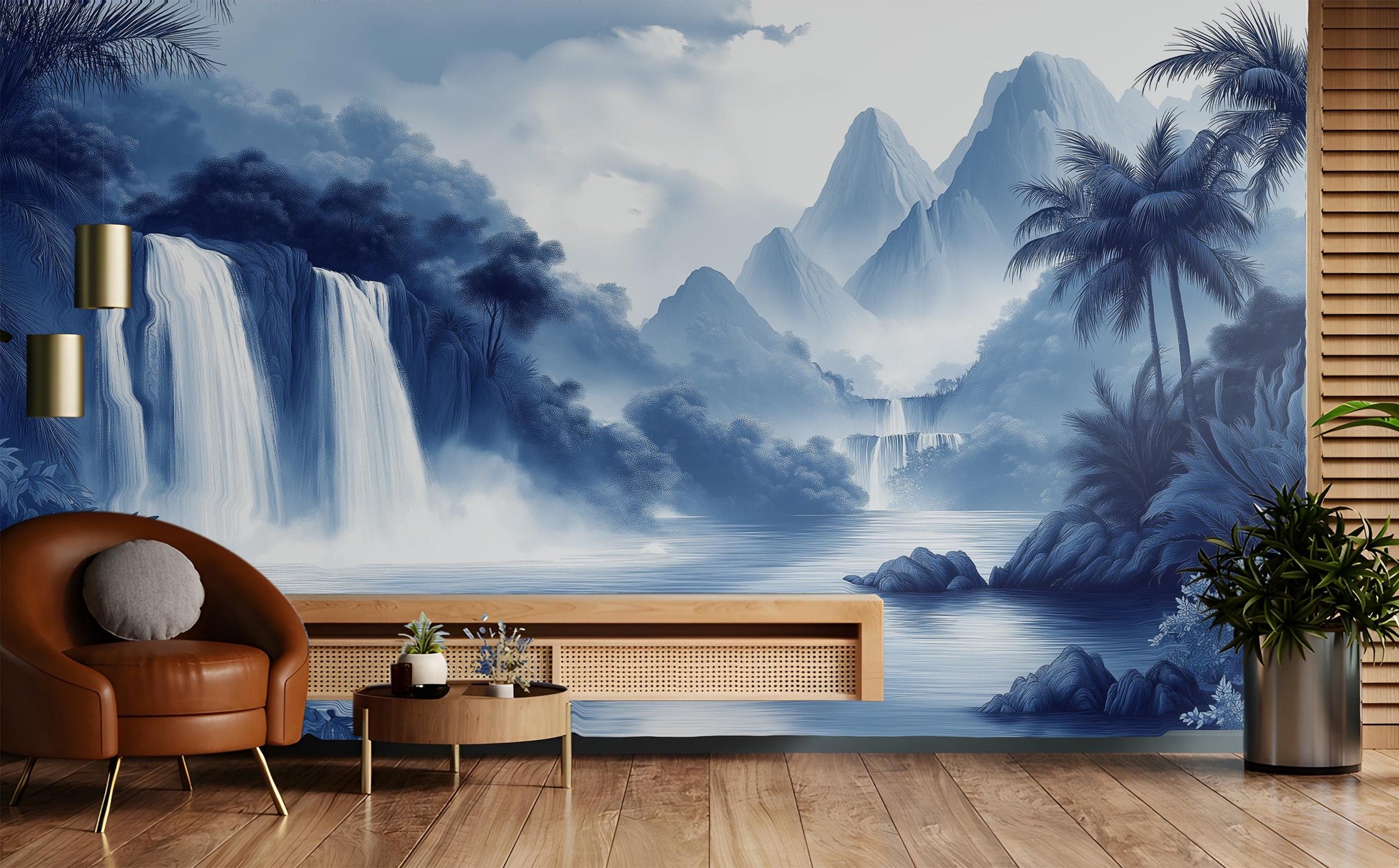 Chinoiserie Tropical Waterfall Blue Tropical Wallpaper – scale reference, Golden Era Walls