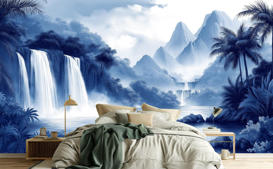 Chinoiserie Tropical Waterfall Blue Tropical Wallpaper – detail view, Golden Era Walls
