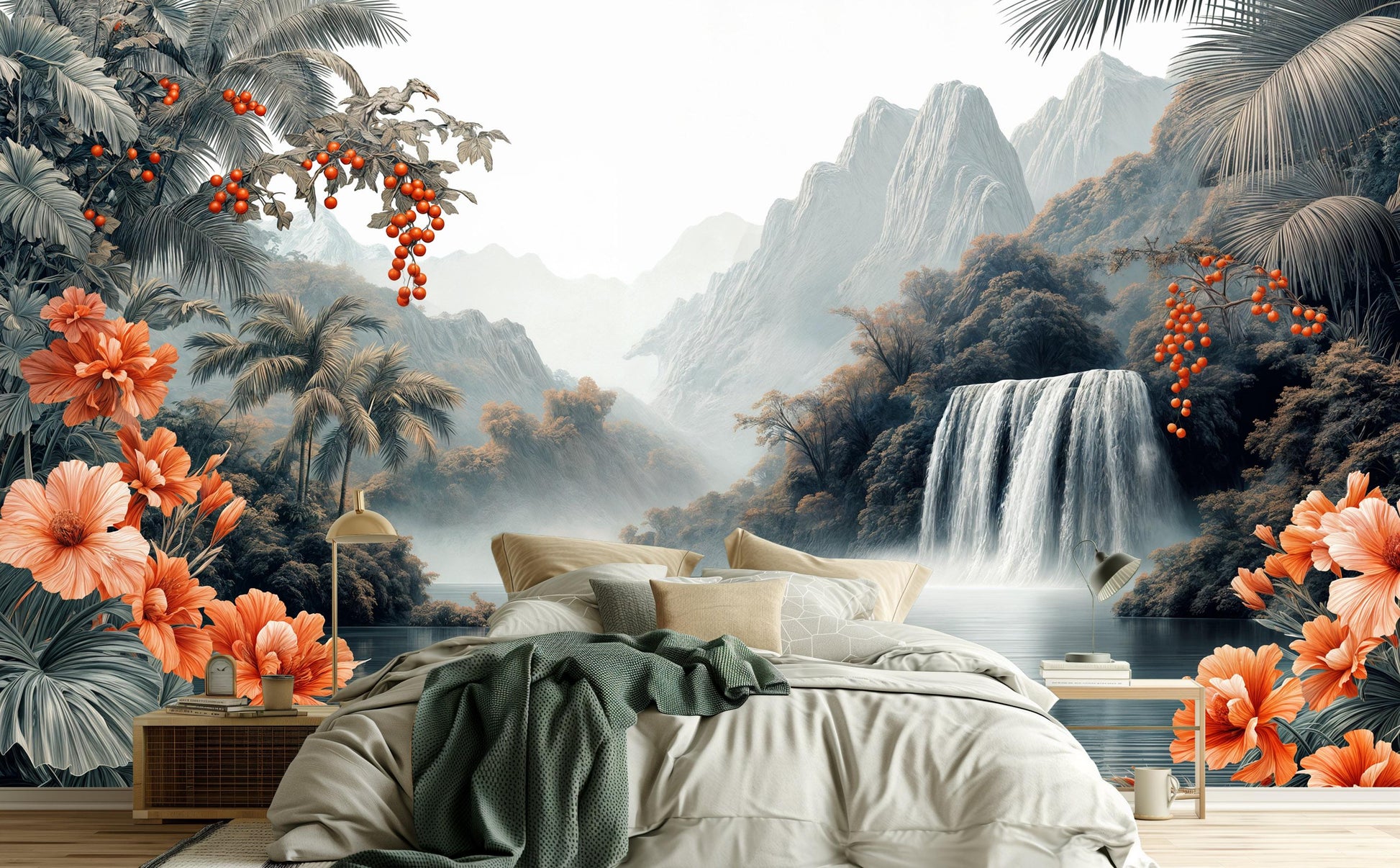 Chinoiserie Waterfall Elegant Tropical Tropical Wallpap – detail view, Golden Era Walls