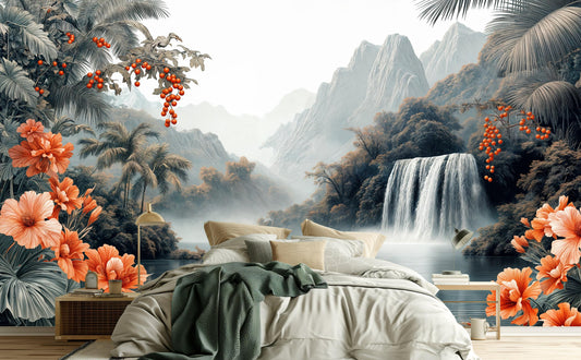 Chinoiserie Waterfall Elegant Tropical Tropical Wallpap – detail view, Golden Era Walls