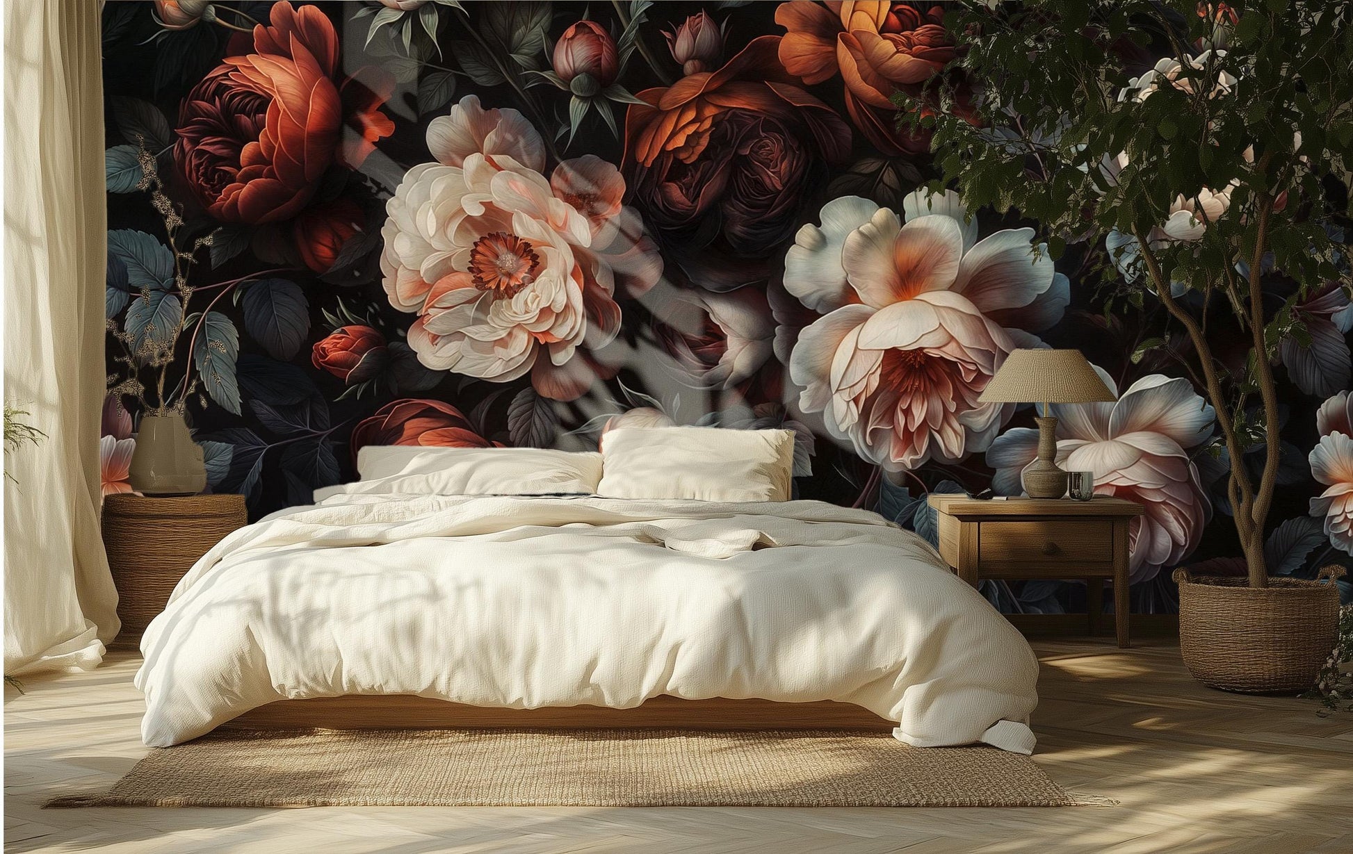 Dark Moody Floral Vintage Floral Wallpaper – detail view, Golden Era Walls