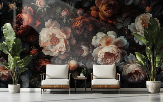 Dark Moody Floral Vintage Floral Wallpaper wallpaper mural, peel and stick removable, Golden Era Walls