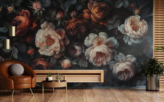 Dark Moody Floral Vintage Floral Wallpaper wallpaper mural, detail view, Golden Era Walls