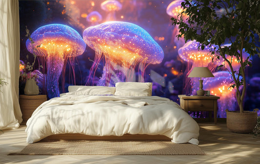 Dreamy Bioluminescent Jellyfish Deep Coastal Wallpaper – lifestyle view, Golden Era Walls