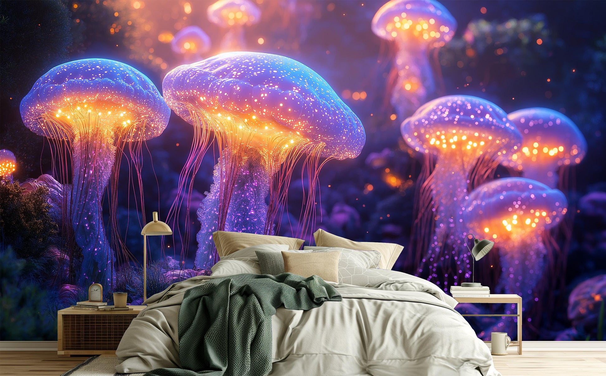 Dreamy Bioluminescent Jellyfish Deep Coastal Wallpaper – scale reference, Golden Era Walls