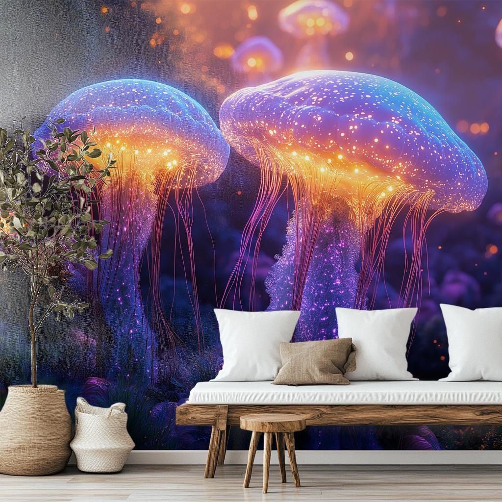 Dreamy Bioluminescent Jellyfish Deep Coastal Wallpaper – detail view, Golden Era Walls