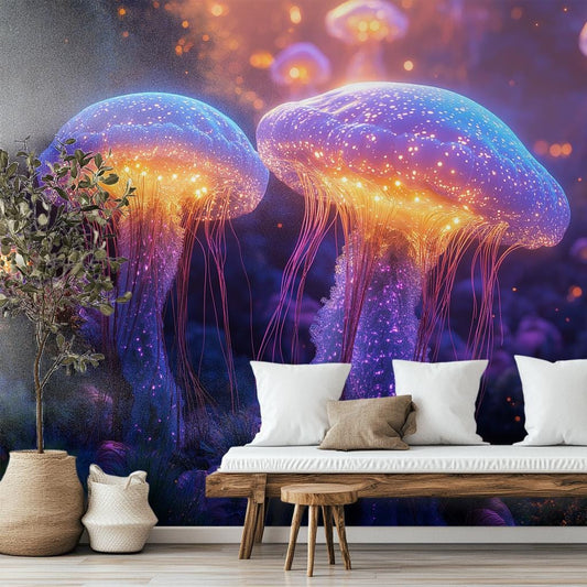 Dreamy Bioluminescent Jellyfish Deep Coastal Wallpaper – detail view, Golden Era Walls