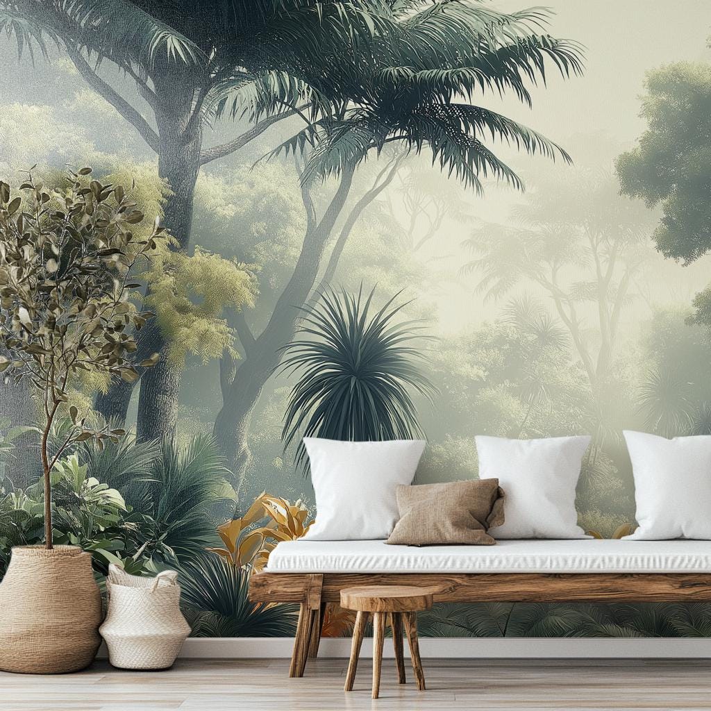 Dreamy Misty Jungle Foggy Floral Wallpaper – detail view, Golden Era Walls