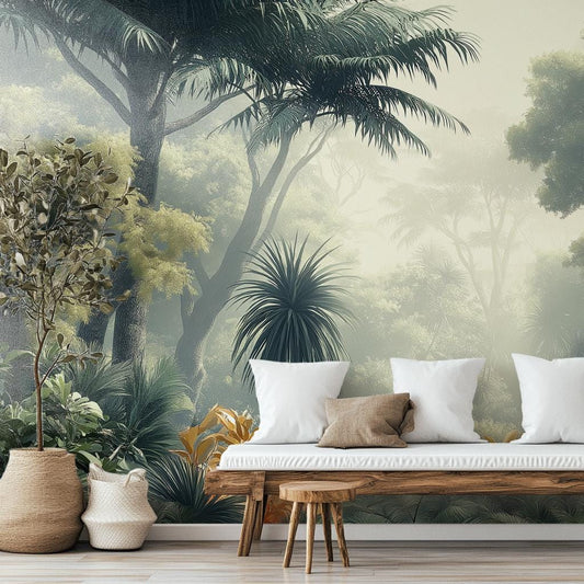 Dreamy Misty Jungle Foggy Floral Wallpaper – detail view, Golden Era Walls
