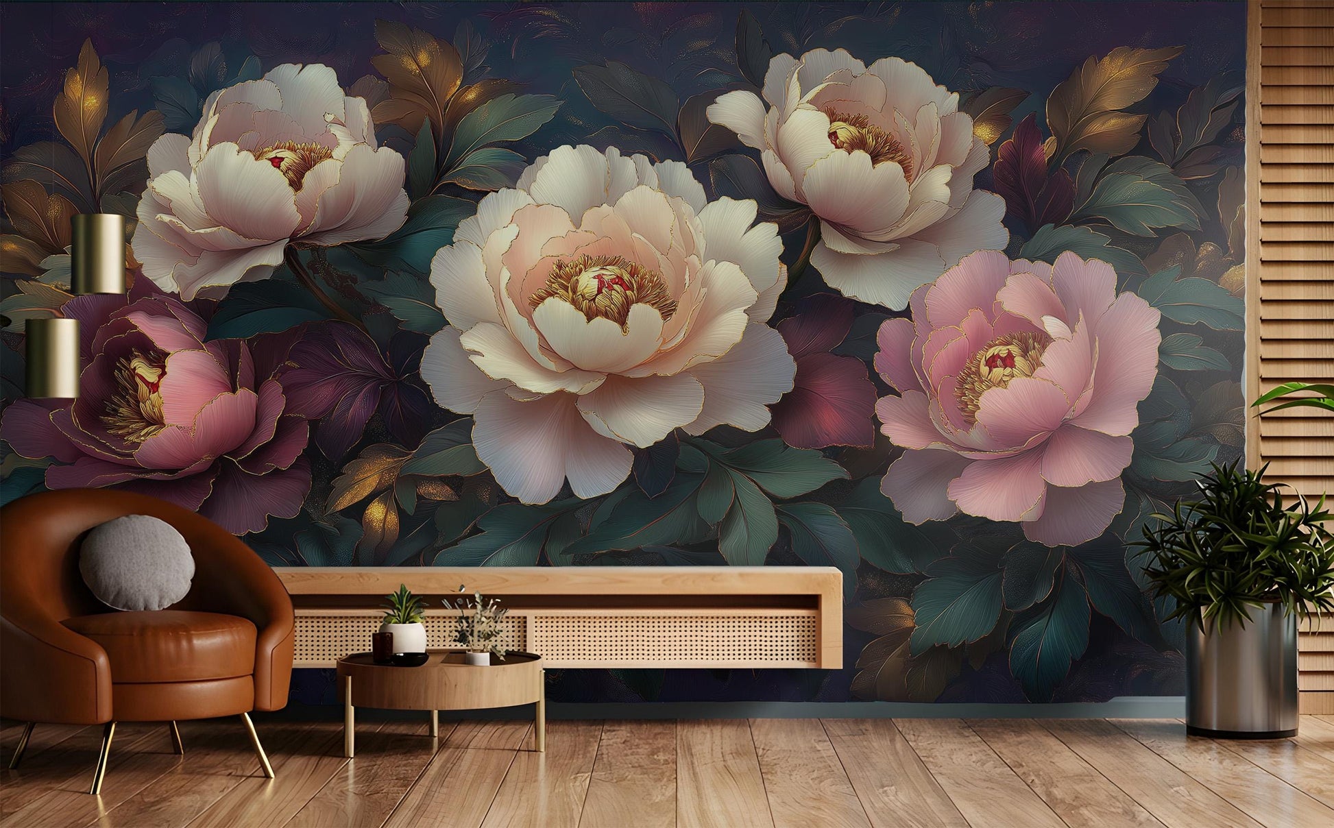 Elegant 3D Peony Gold Floral Wallpaper – scale reference, Golden Era Walls