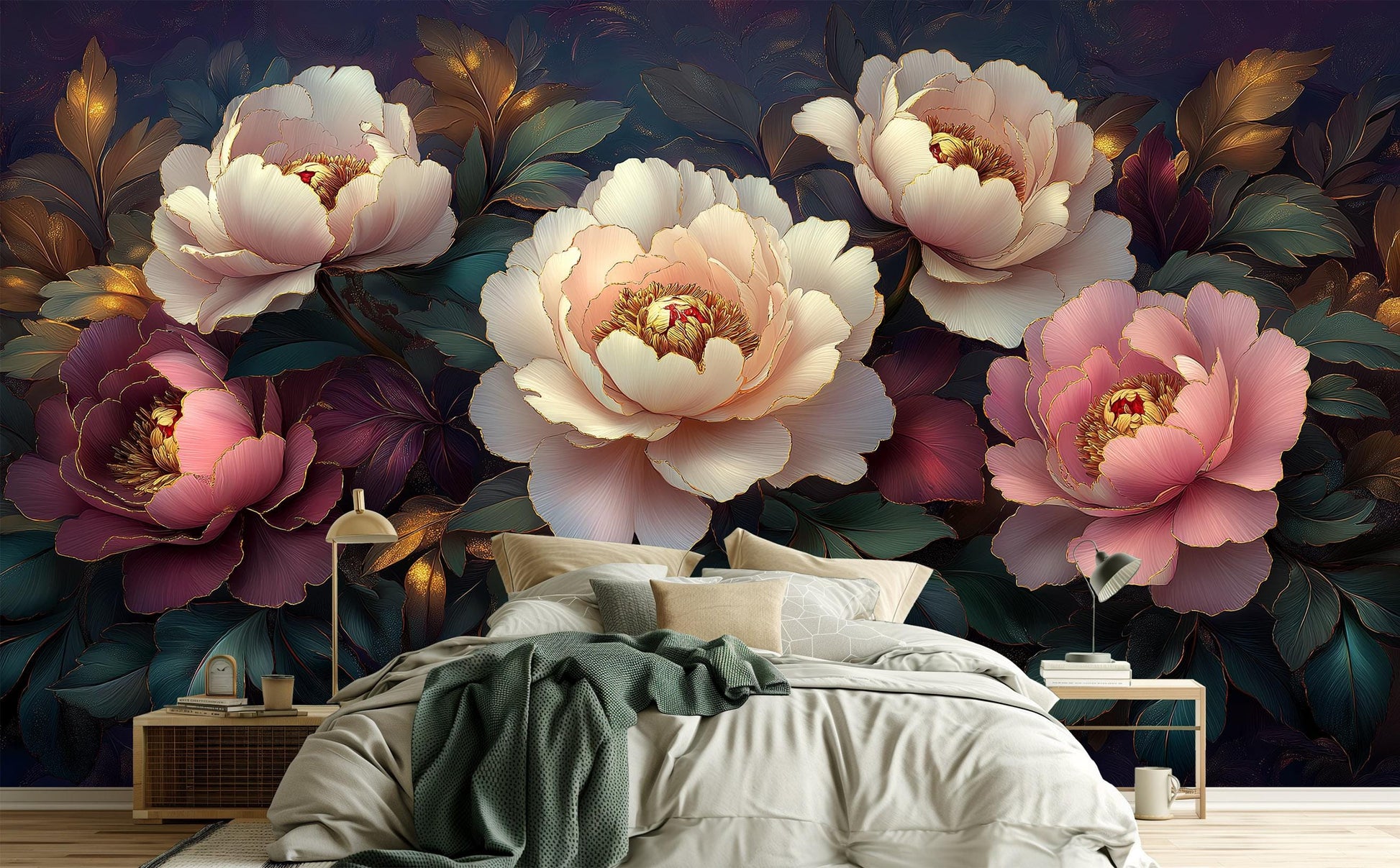 Elegant 3D Peony Gold Floral Wallpaper – detail view, Golden Era Walls