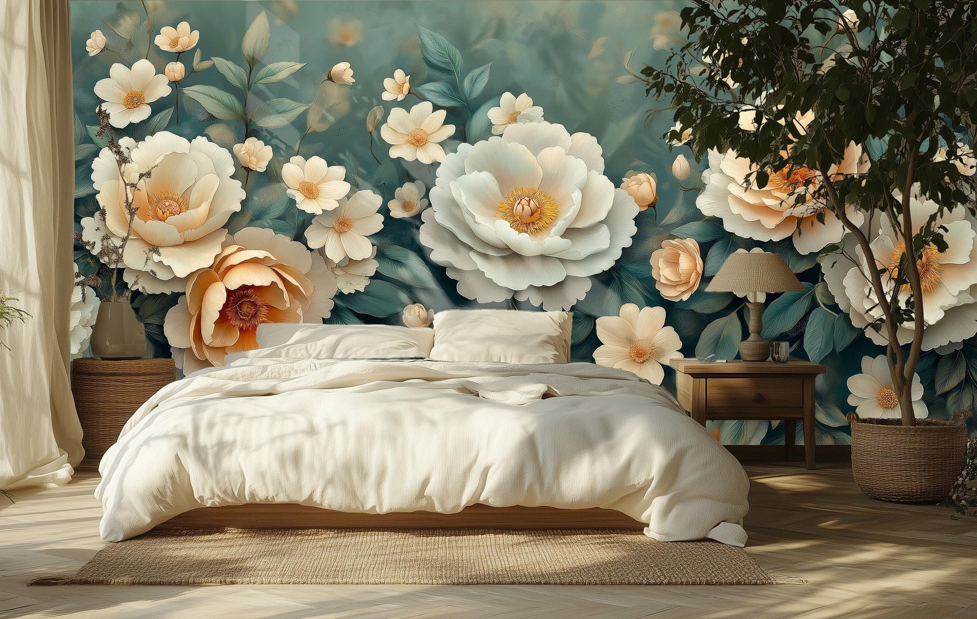 Elegant Cream Gold Flower Floral Wallpaper – room setting, Golden Era Walls