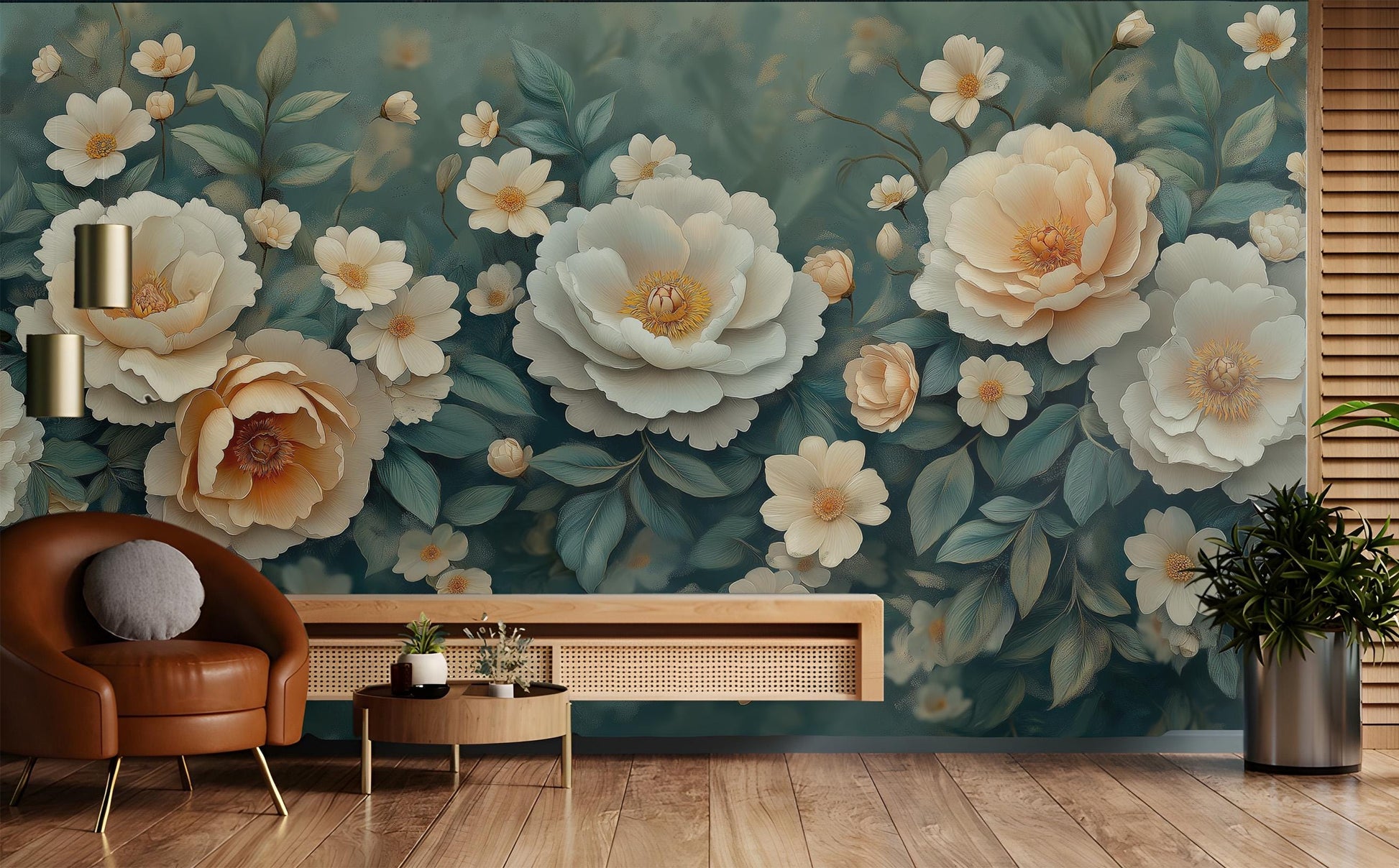 Elegant Cream Gold Flower Floral Wallpaper – scale reference, Golden Era Walls