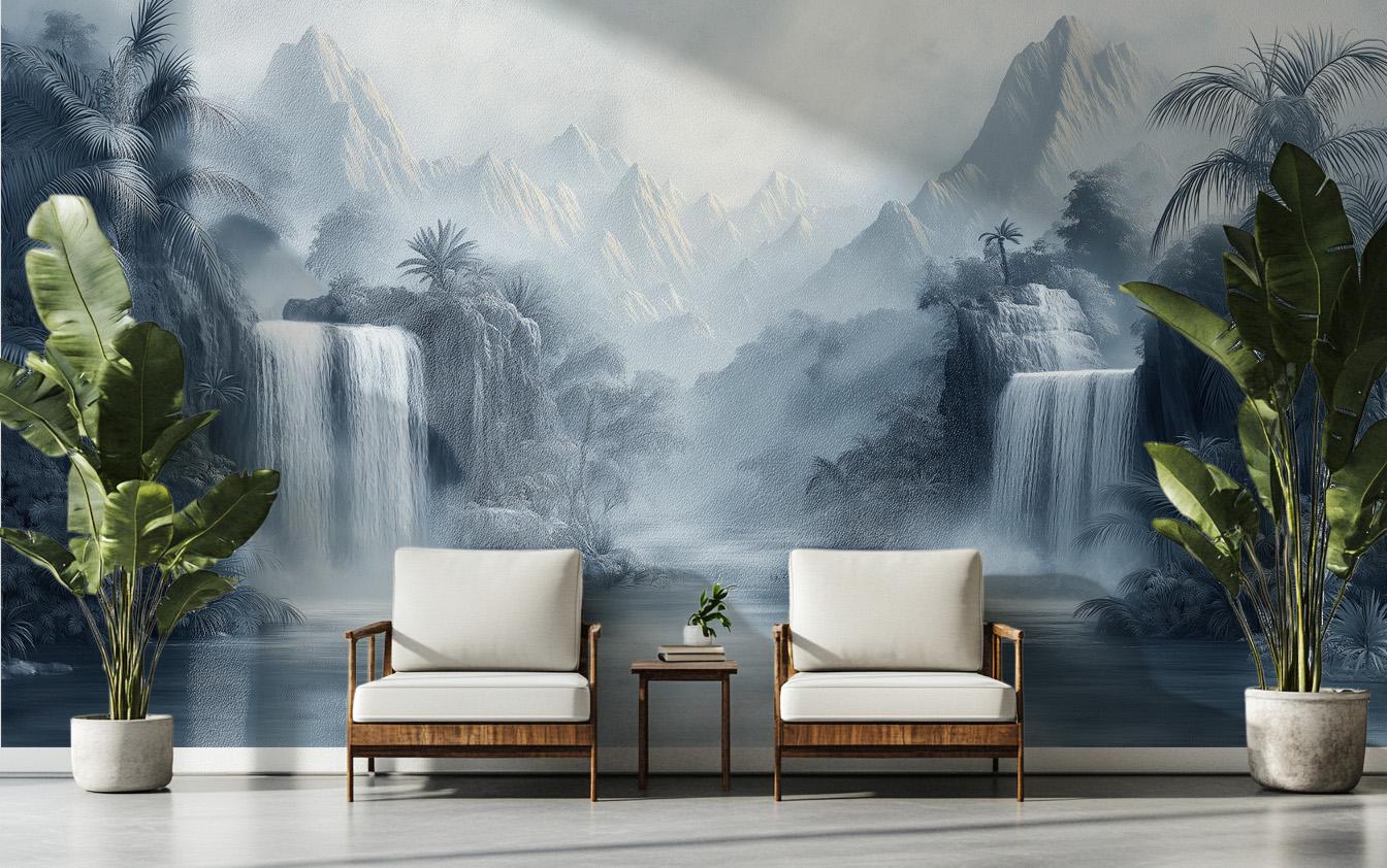 Elegant Chinoiserie Waterfall Gray Tropical Wallpaper – scale reference, Golden Era Walls