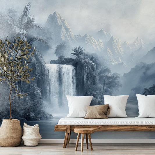Elegant Chinoiserie Waterfall Gray Tropical Wallpaper – detail view, Golden Era Walls