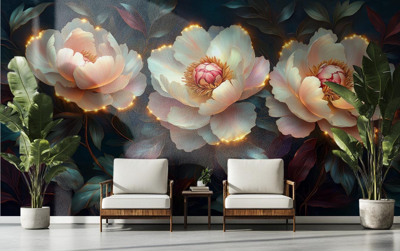 Elegant Glowing Peony Art Floral Wallpaper – detail view, Golden Era Walls