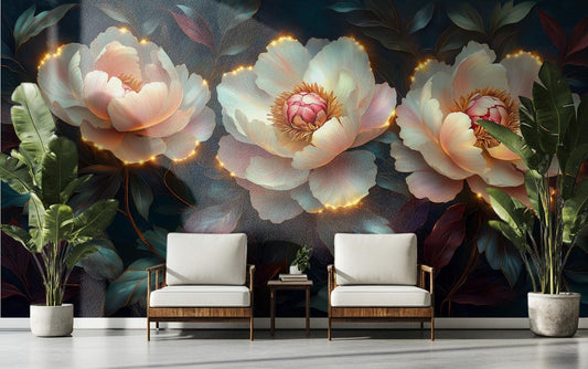 Elegant Glowing Peony Art Floral Wallpaper – detail view, Golden Era Walls