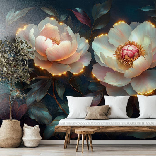 Elegant Glowing Peony Art Floral Wallpaper – room setting, Golden Era Walls
