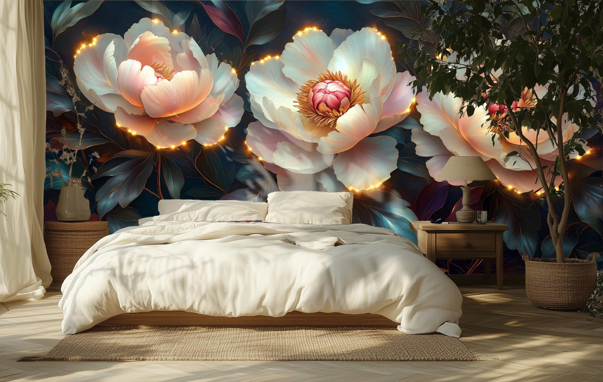 Elegant Glowing Peony Art Floral Wallpaper – scale reference, Golden Era Walls
