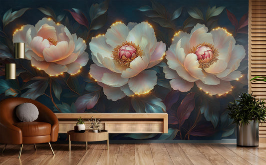 Elegant Glowing Peony Art Floral Wallpaper – lifestyle view, Golden Era Walls